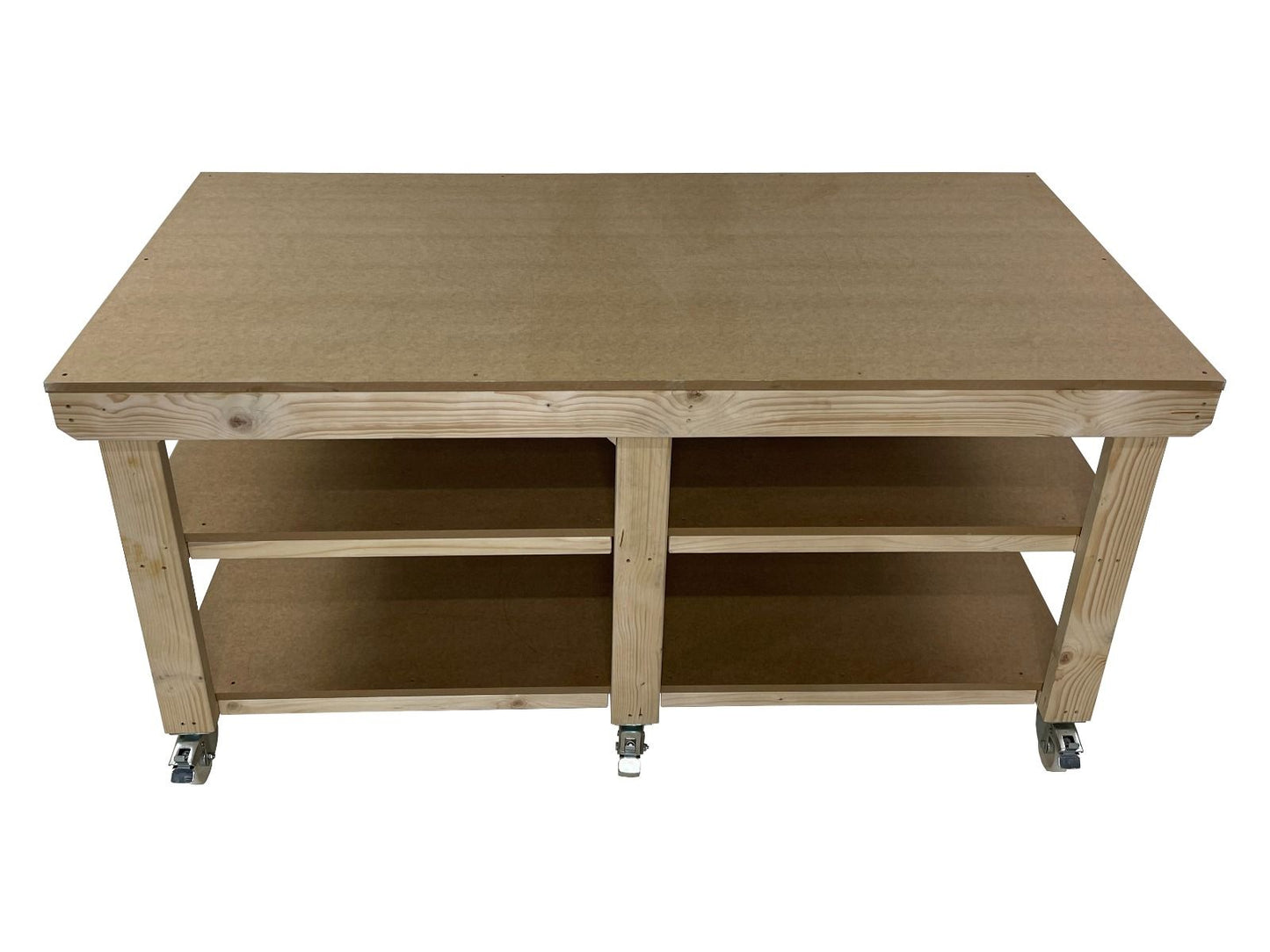 Wooden Workbench MDF Top Depth-3ft With Wheels and Double Shelf