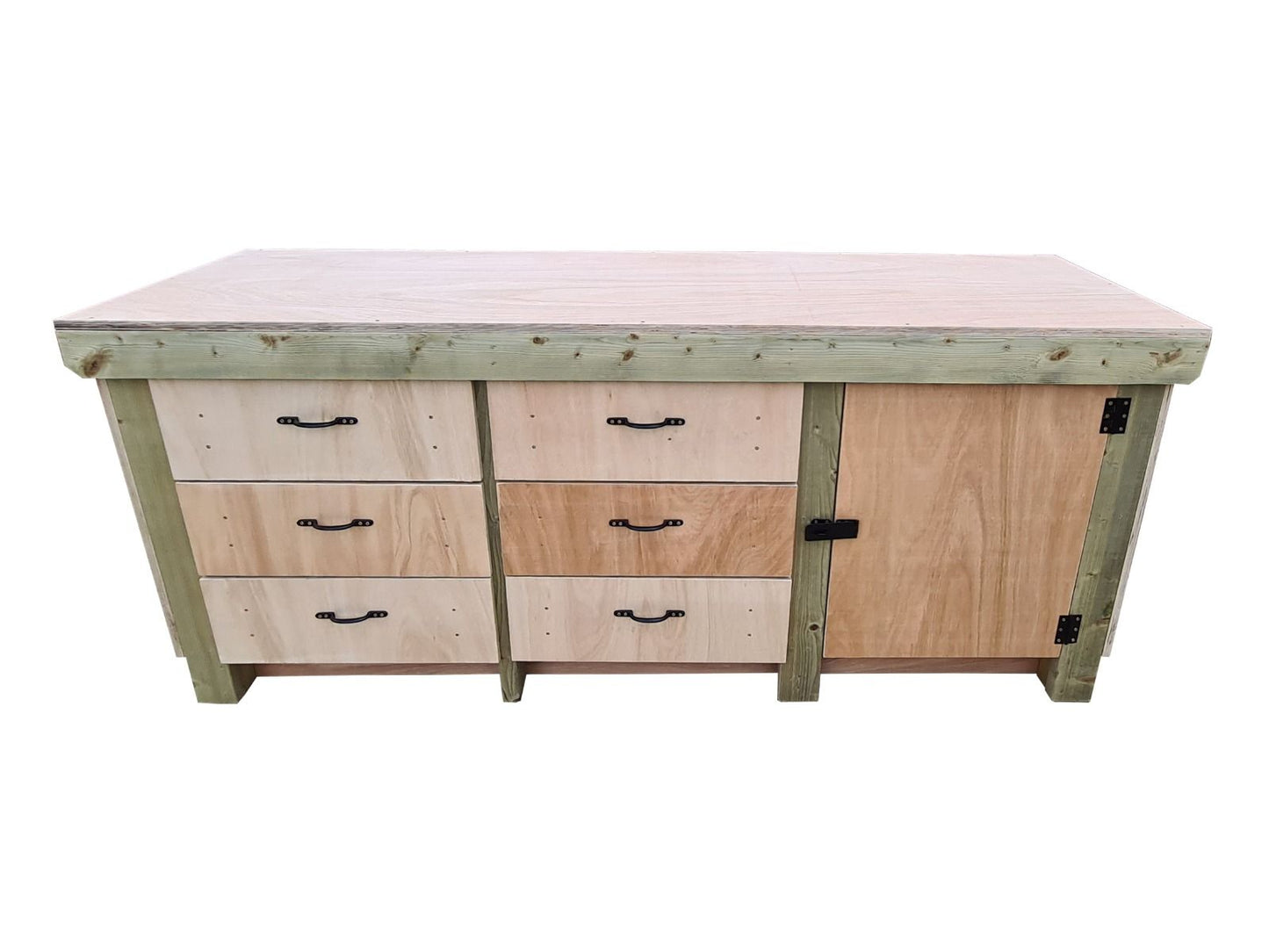 Wooden Eucalyptus hardwood top workbench, cabinet with lockable cupboard (V.3) double shelf