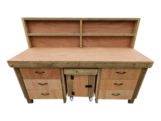 Wooden Eucalyptus hardwood top workbench with drawers and functional lockable cupboard (V.5) with back
