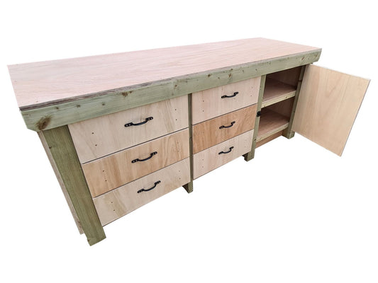 Wooden Eucalyptus hardwood top workbench, cabinet with lockable cupboard (V.3) double shelf