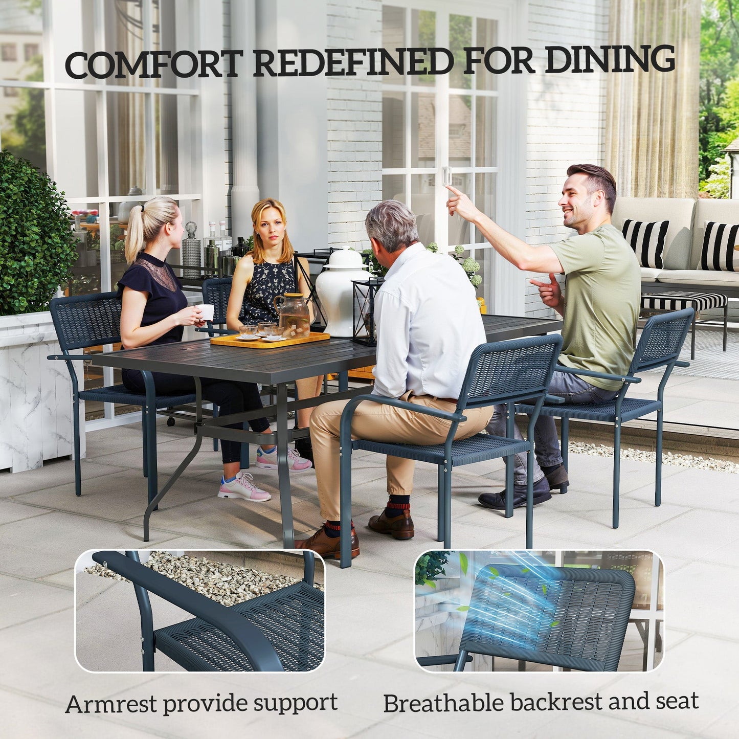 Outsunny Garden Chairs Set of 4, Stackable Rattan Effect Dining Chairs with Armrest, Weather Resistant and Lightweight Outdoor Furniture Armchairs for Patio, Balcony, Terrace, Dark Grey