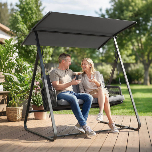 Outsunny 2-Seater Rattan Swing Chair, Outdoor Garden Hanging Swing Seat with Stand, Adjustable Canopy and Soft Cushions