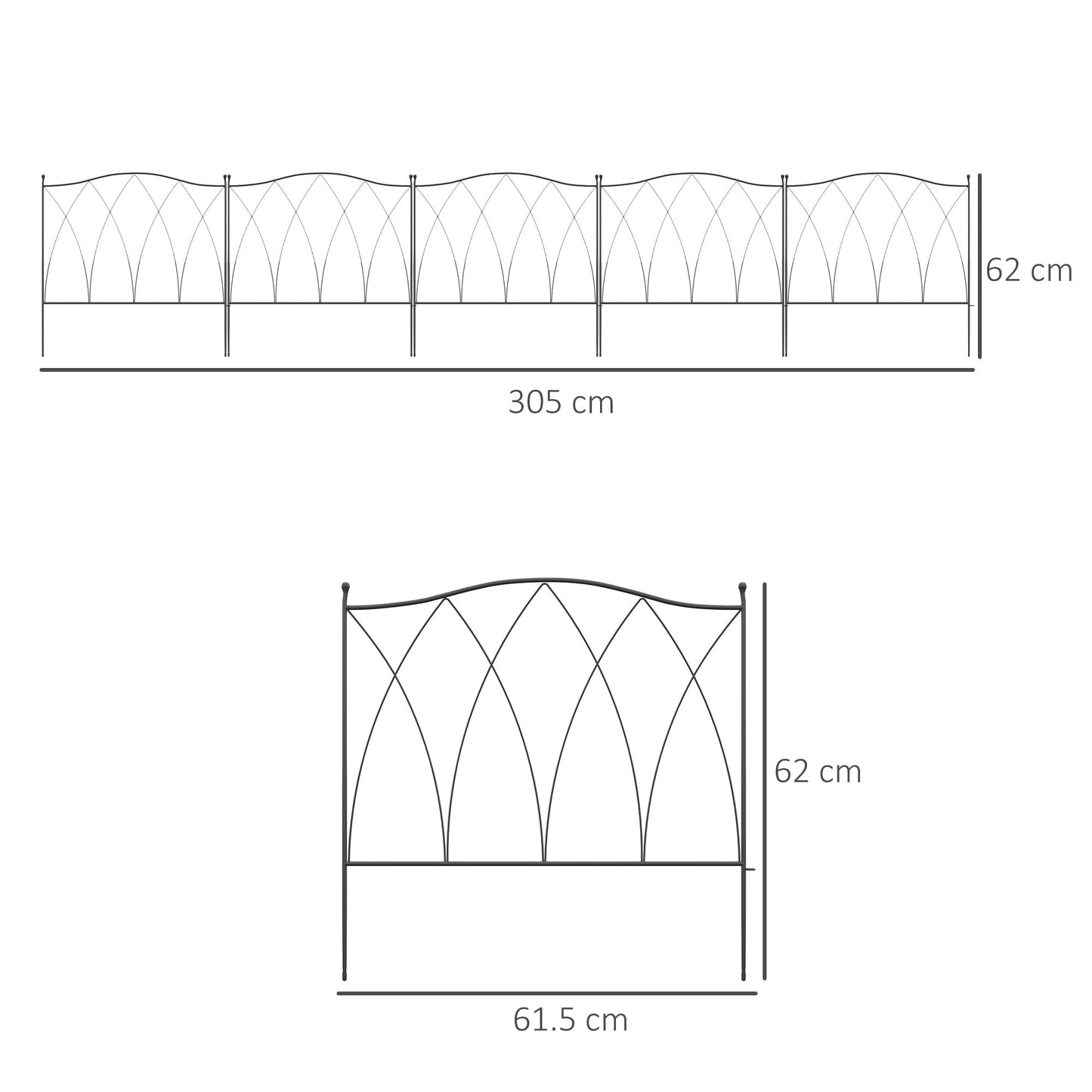 Outsunny Set of Five 61.5cm Decorative Metal Fence Panels - Black