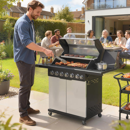 Outsunny 6+1 Burner Gas BBQ Grill, Outdoor Barbecue Trolley with Wheels, Warming Rack, Thermometer, Bottle Opener, Silver Tone