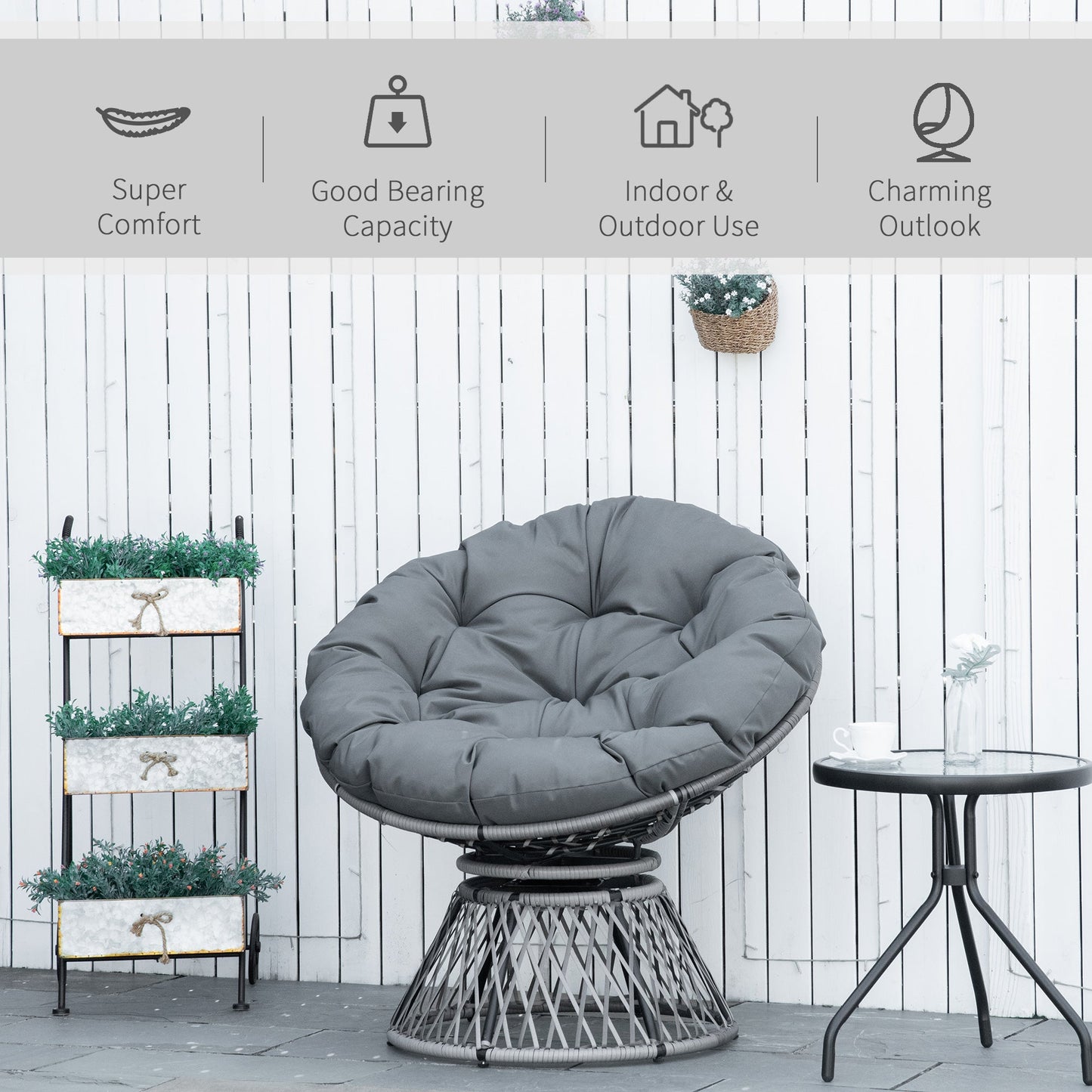 Outsunny 360\'c2\'b0 Swivel Rattan Papasan Moon Bowl Chair Round Lounge Garden Wicker Basket Seat with Padded Cushion Oversized for Outdoor Indoor, Grey