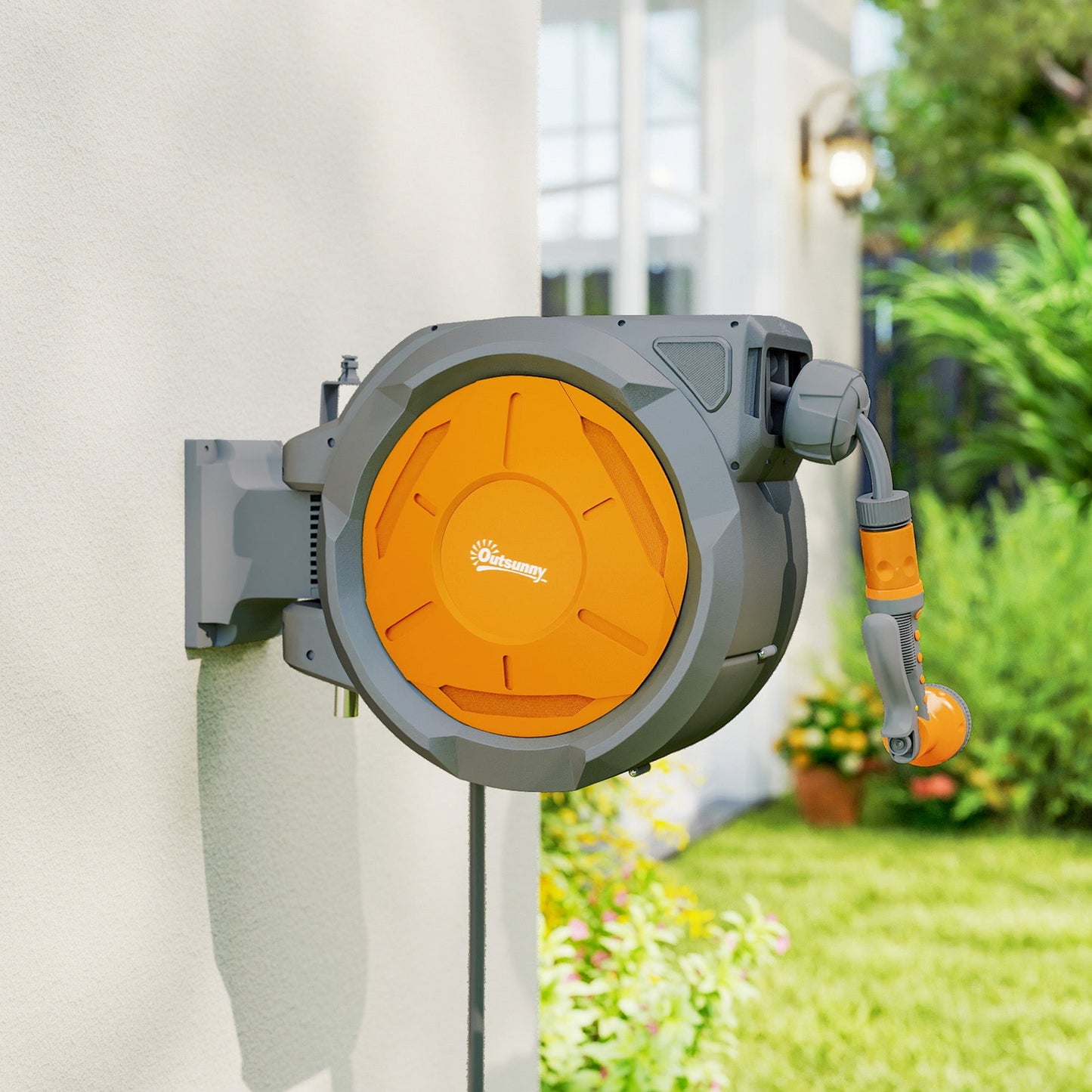 Outsunny Retractable Hose Reel Wall Mounted, 30+2m Garden Hose Pipe Reel with Lock, Auto Rewind, 7 in 1 Spray Nozzle, Includes Wall Fixings, 180° Swivel, Outdoor Watering, Orange