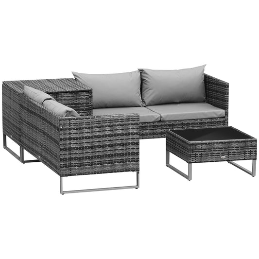 Outsunny 4 PCs Garden Rattan Wicker Outdoor Furniture Patio Corner Sofa Love Seat and Table Set  with Cushions Side Desk Storage - Mixed Grey