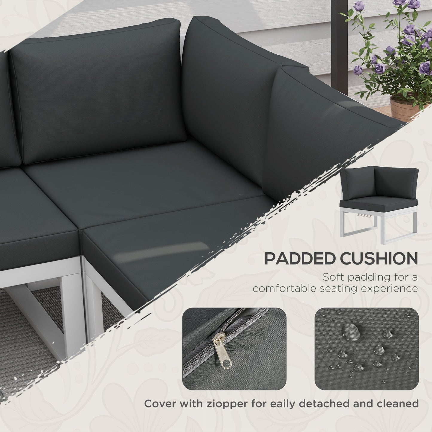 Outsunny 4 Pieces Patio Garden Set with 5-Level Recline Corner Sofa, Outdoor Garden Lounge Sectional Conversation Sofa Set with Cushions, Wood Grain Plastic Table, White  Frame Grey Cushion