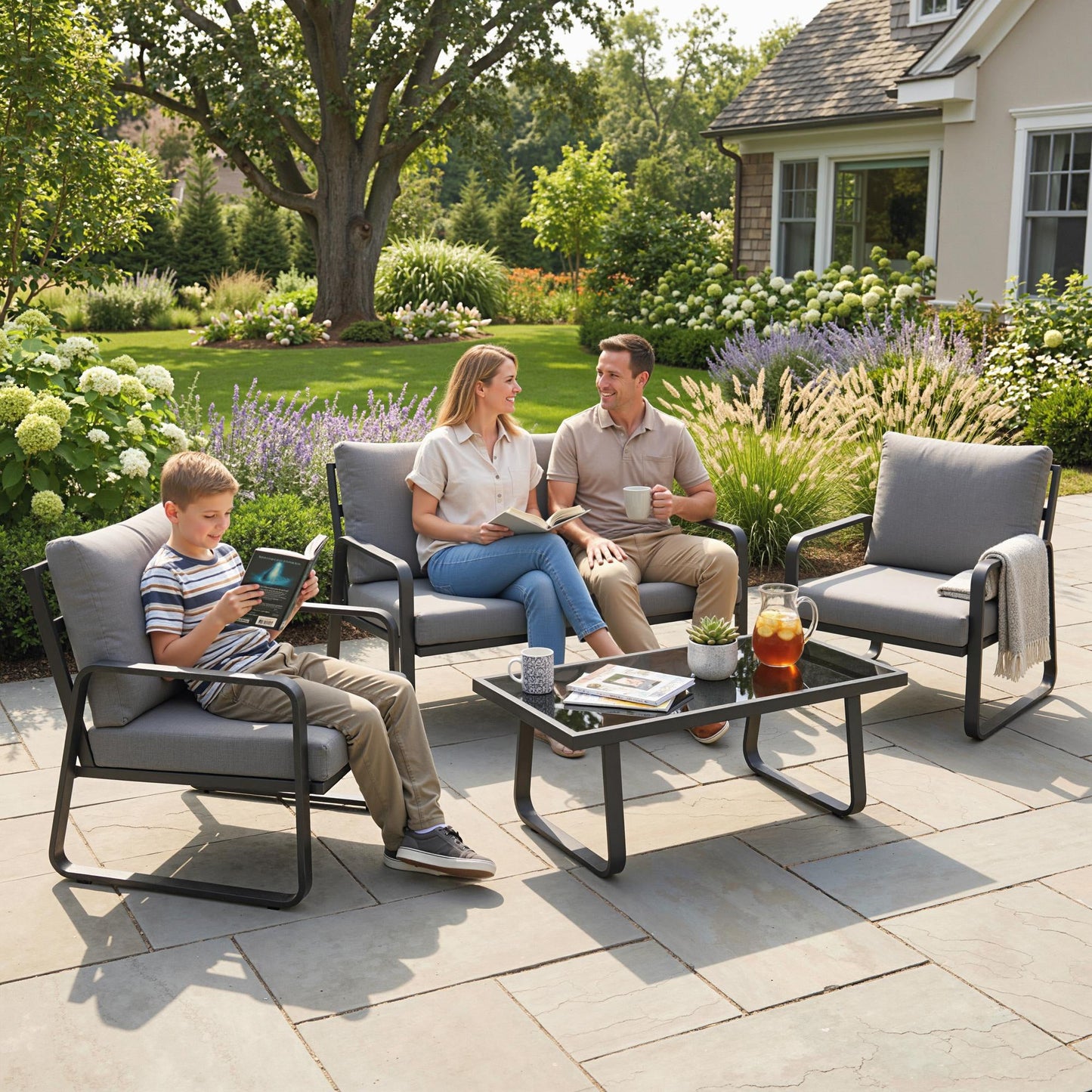 Outsunny 4 Piece Garden Furniture Set, Outdoor Sofa Set with Loveseat, 2 Armchairs, Coffee Table and Cushions